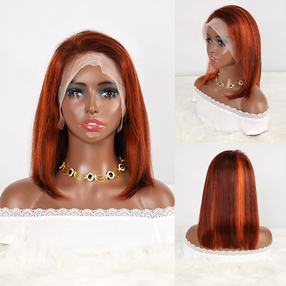 DORIMY Ginger-Orange 4/350 180%Density BOB short hair 10-14Inch Ginger-Orange Lace Front 100% Human Hair Wigs 13×4 Straight Lace Frontal Wig For Woman