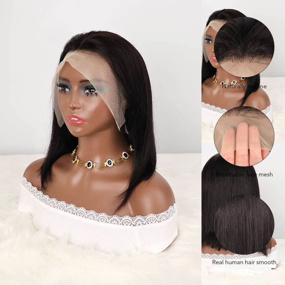 DORIMY Short black hair 180%Density BOB short hair 10-14Inch 1B Black Lace Front 100% Human Hair Wigs 13×4 Smooth Straight Lace Frontal Wig For Woman