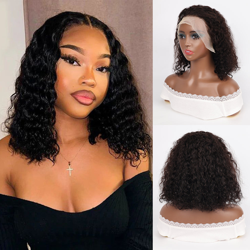 DORIMY 1B Black 13x4 Bob Straight Hair 10-14Inch 180 Density 100% Human Hair Wigs Curly hair Lace Frontal Wig For Woman
