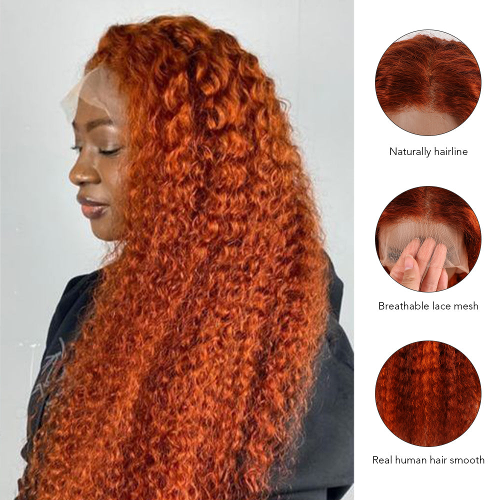 DORIMY 180 Density 4/350 Ginger Deep Wave 16-34Inch 13x6 Lace Front Wig Orange Curly Human Hair Lace Frontal Wigs Water Wave