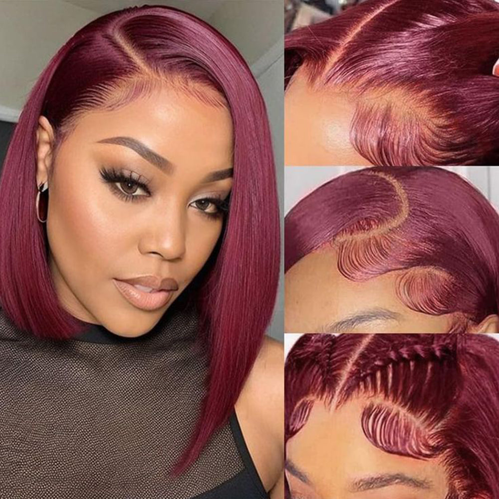 DORIMY 99J Burgundy Short Human Hair Wigs 10-14Inch 180%Density short hair Lace Front 100% Human Hair Wigs 13×4 Smooth Straight Lace Frontal Wig For Woman