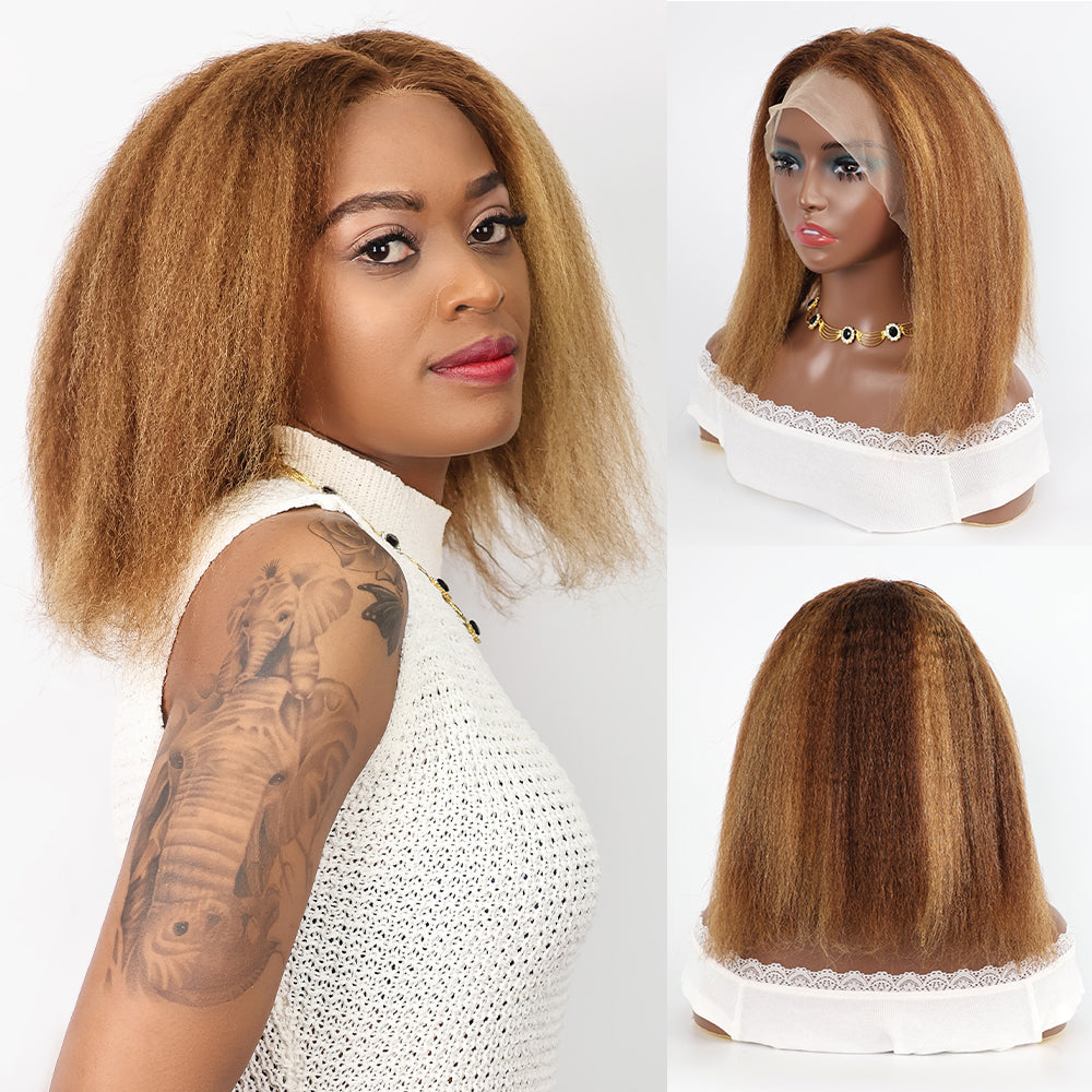 DORIMY 4/27 Burgundy Short Human Hair Wigs 13x4 Bob Kinky Straight Human Hair Wigs Transparent Lace Brazilian Remy Human Hair Wigs