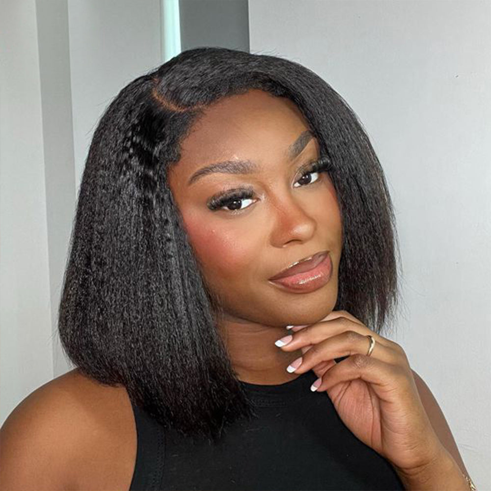 DORIMY 1B Black 13x4 Bob Straight Hair 10-14Inch 180 Density 100% Human Hair Wigs Small Curly hair Lace Frontal Wig For Woman