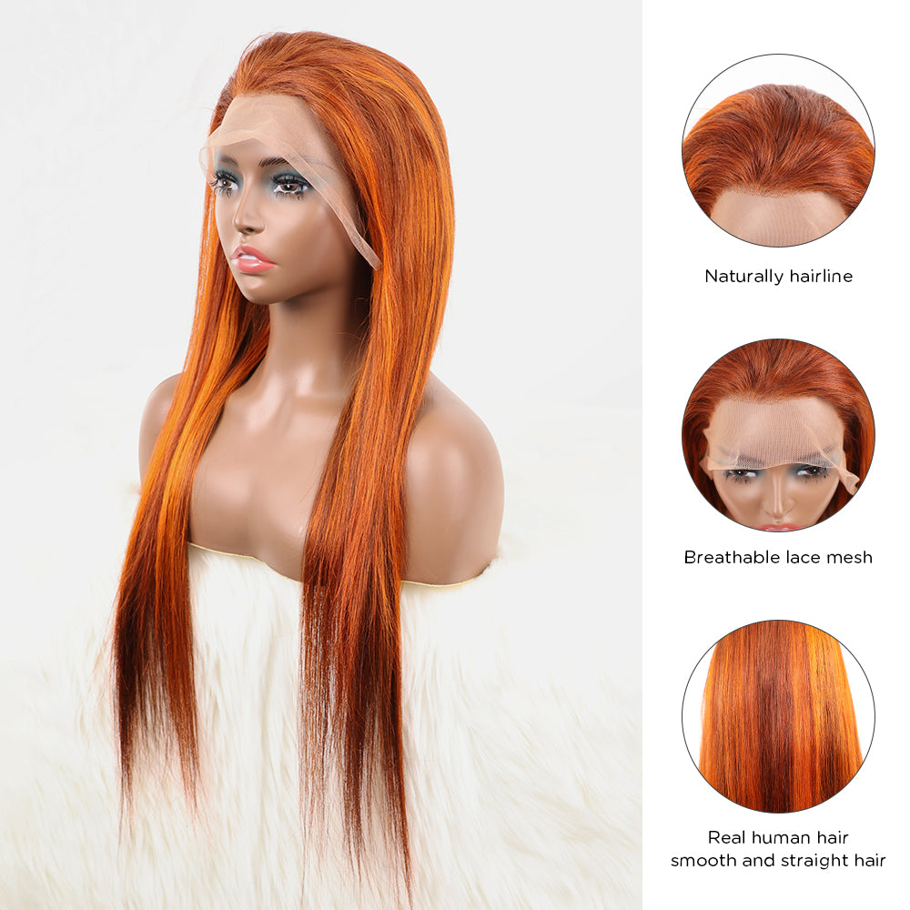 DORIMY Highlight 4/350 Bone Straight 180% 13x6 Lace Frontal Human Hair Wigs Brazilian Ginger Orange Brown Piano Colored Human Hair Wigs