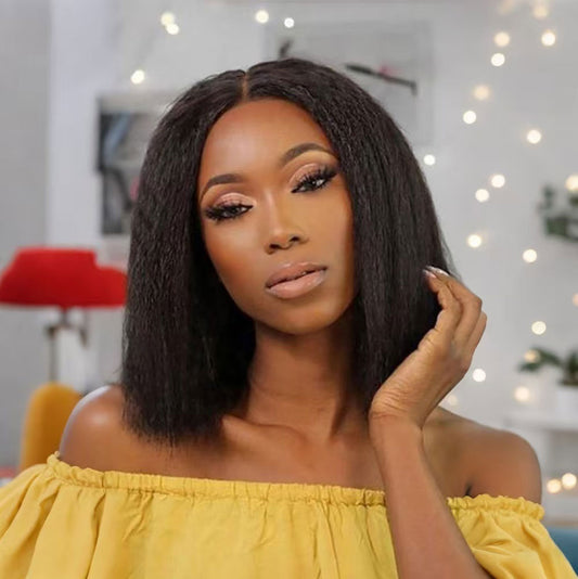 DORIMY 1B Black 13x4 Bob Straight Hair 10-14Inch 180 Density 100% Human Hair Wigs Small Curly hair Lace Frontal Wig For Woman