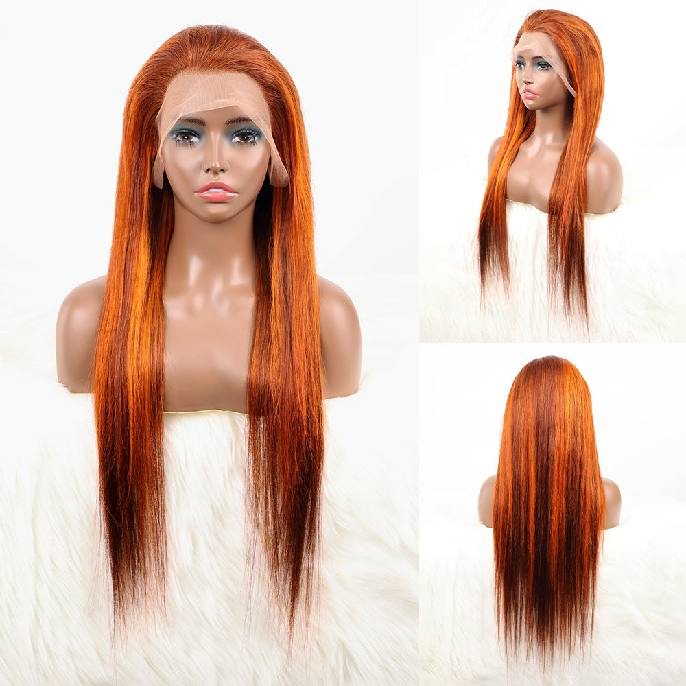 DORIMY Highlight 4/350 Bone Straight 180% 13x6 Lace Frontal Human Hair Wigs Brazilian Ginger Orange Brown Piano Colored Human Hair Wigs