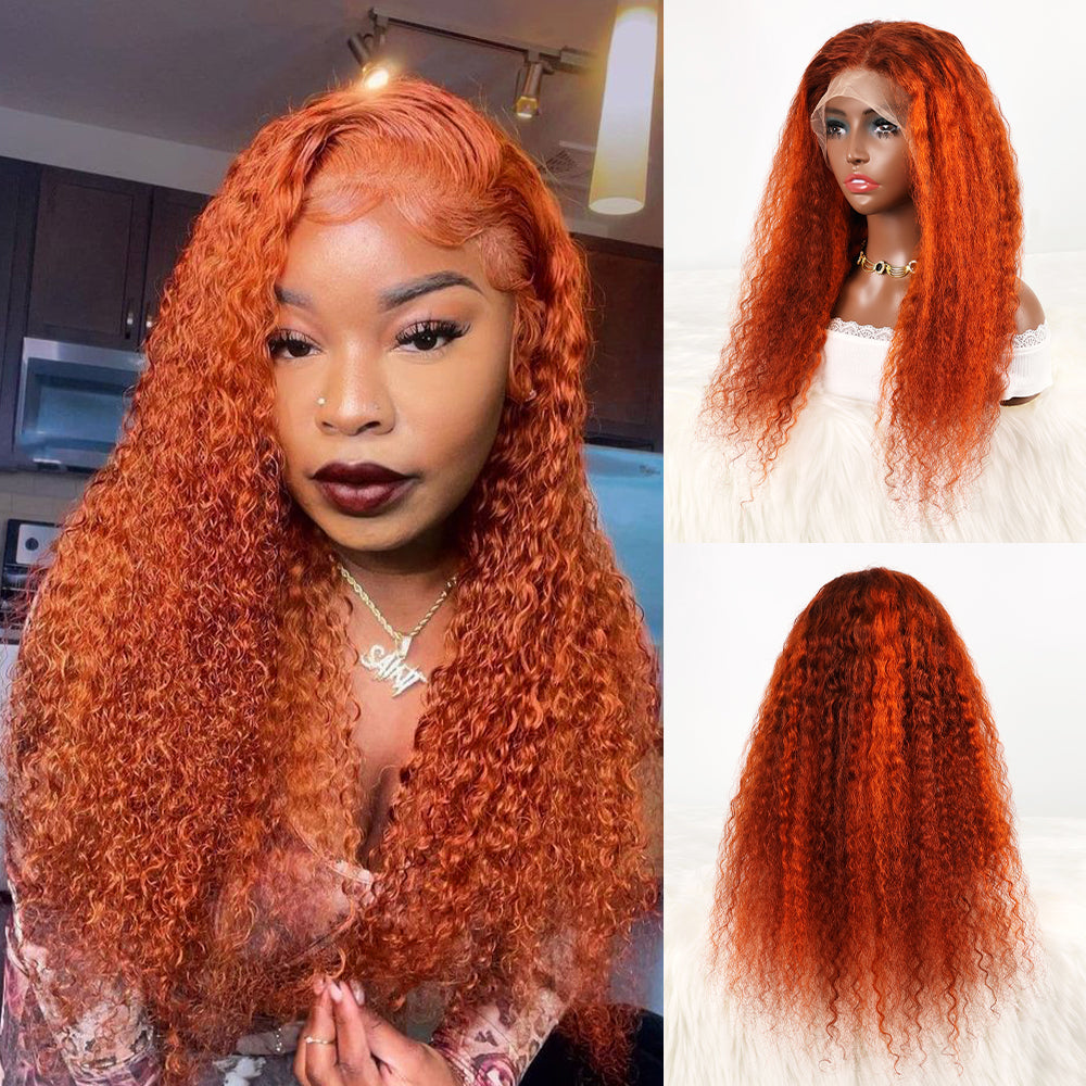 DORIMY 180 Density 350 Ginger Deep Wave 30 32 34 Inch 13x6 Lace Front Wig Orange Curly Human Hair Lace Frontal Wigs Water Wave