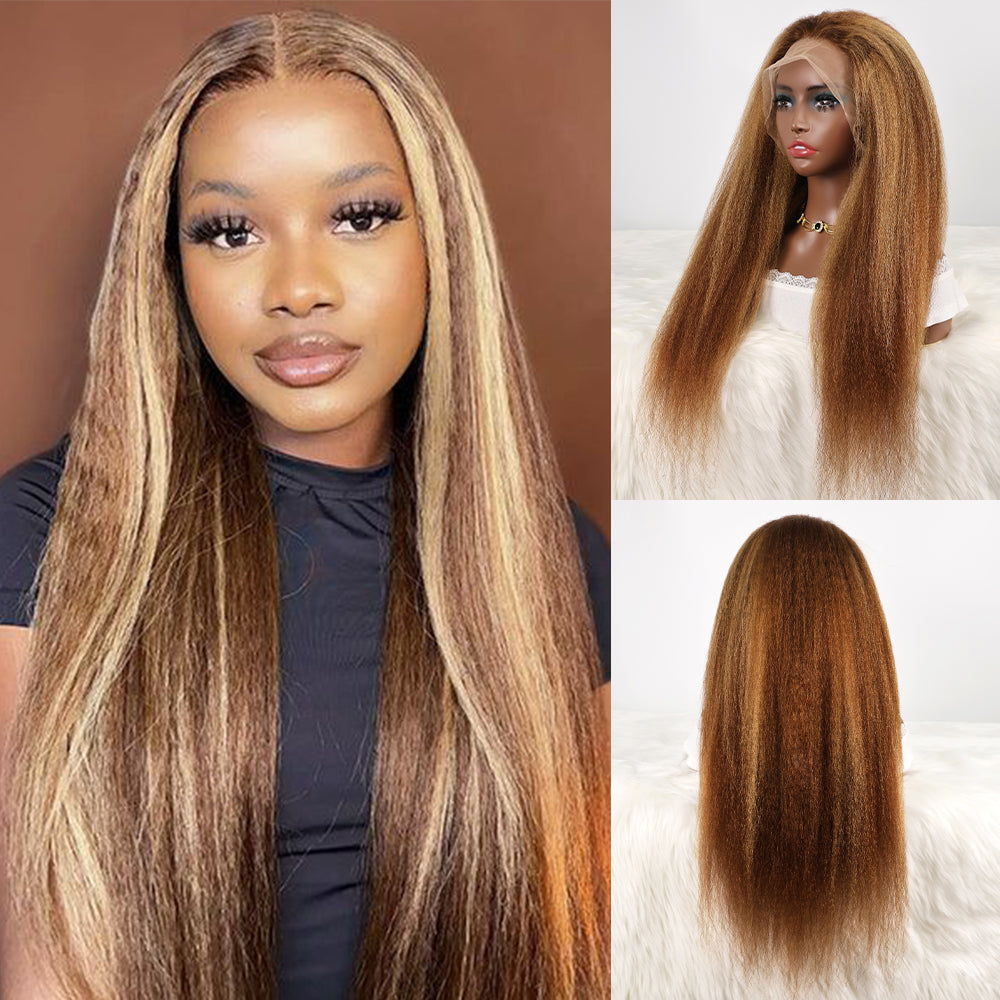 DORIMY 4/27 Kinky Straight 13x6 Lace Frontal Human Hair Wigs For Women Blonde Brown Piano Color Wig