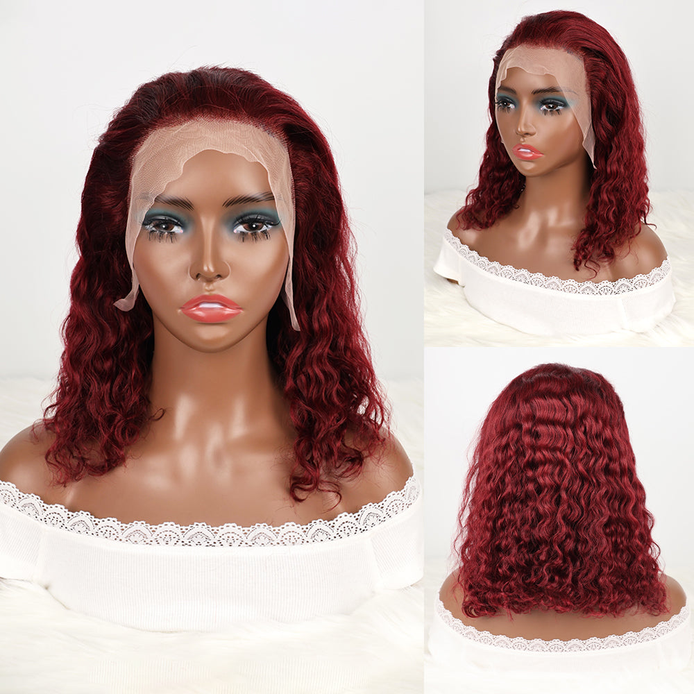 DORIMY 99J Burgundy Short Human Hair Wigs 10-14Inch 180%Density short hair Lace Front 100% Human Hair Wigs 13×4 Curly Lace Frontal Wig For Woman