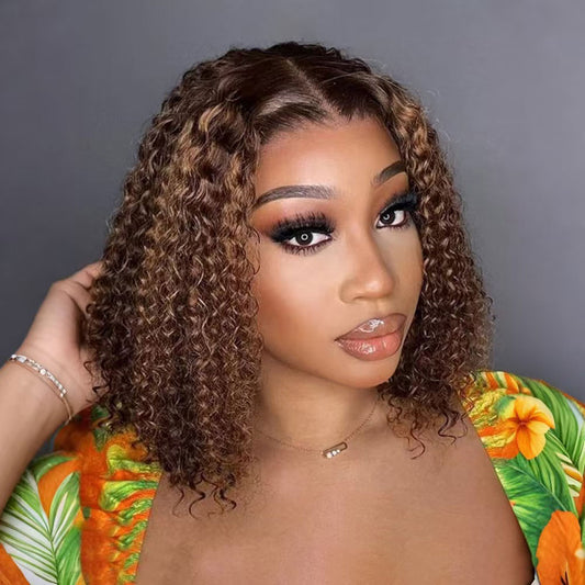 DORIMY Ombre Highlight 4/27 Remy Hair Short Bob Human Hair Wigs Water Wave Honey Blonde Colored 13x4 Lace Front Wigs For Women