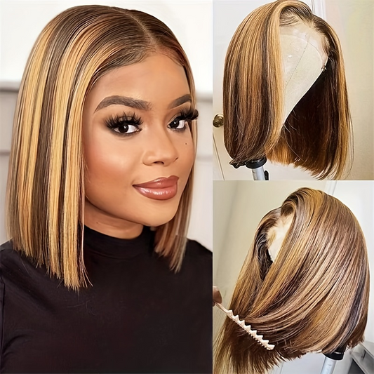 DORIMY Ombre Highlight 4/27 180%Density BOB short hair 10-14Inch Brown Lace Front 100% Human Hair Wigs 13×4 Straight Lace Frontal Wig For Woman