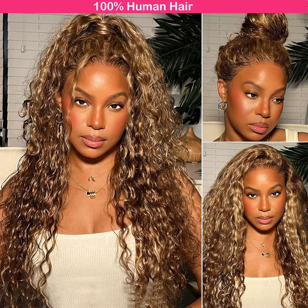 DORIMY 16-34Inch Highlight Curly 13x6 Lace Front Wig 4/27 Brown Colored Deep Wave Transpare Lace Frontal Human Hair Wigs
