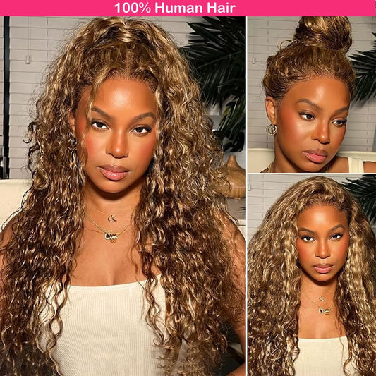 DORIMY 16-34Inch Highlight Curly 13x6 Lace Front Wig 4/27 Brown Colored Deep Wave Transpare Lace Frontal Human Hair Wigs