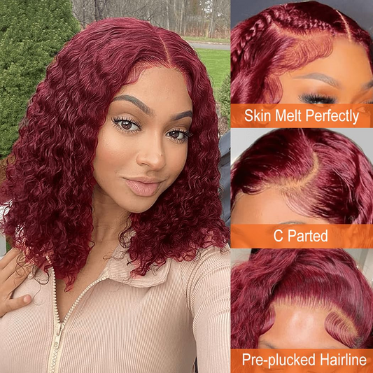 DORIMY 99J Burgundy Short Human Hair Wigs 10-14Inch 180%Density short hair Lace Front 100% Human Hair Wigs 13×4 Curly Lace Frontal Wig For Woman