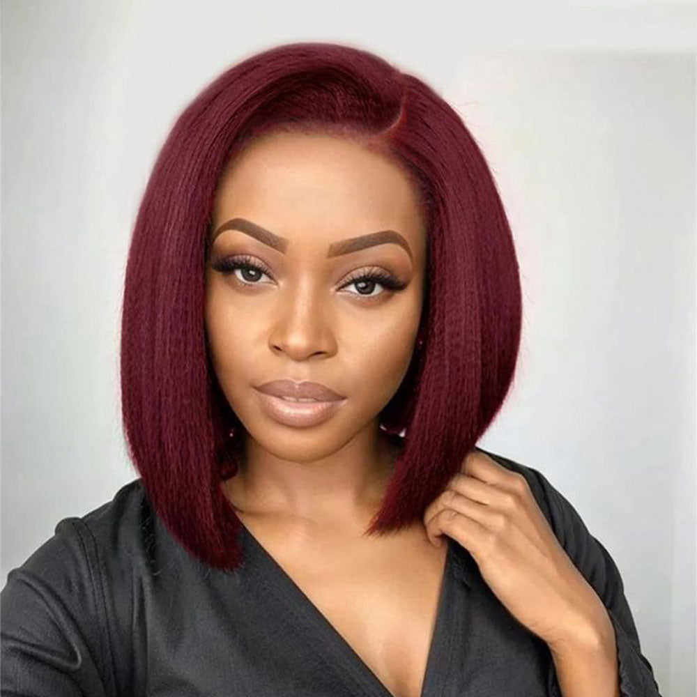 DORIMY 99J Burgundy Short Human Hair Wigs 13x4 Bob Kinky Straight Human Hair Wigs Transparent Lace Brazilian Remy Human Hair Wigs