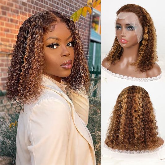 DORIMY Ombre Highlight 4/27 180%Density BOB short hair 10-14Inch Brown Lace Front 100% Human Hair Wigs 13×4 Curly Hair Lace Frontal Wig For Woman