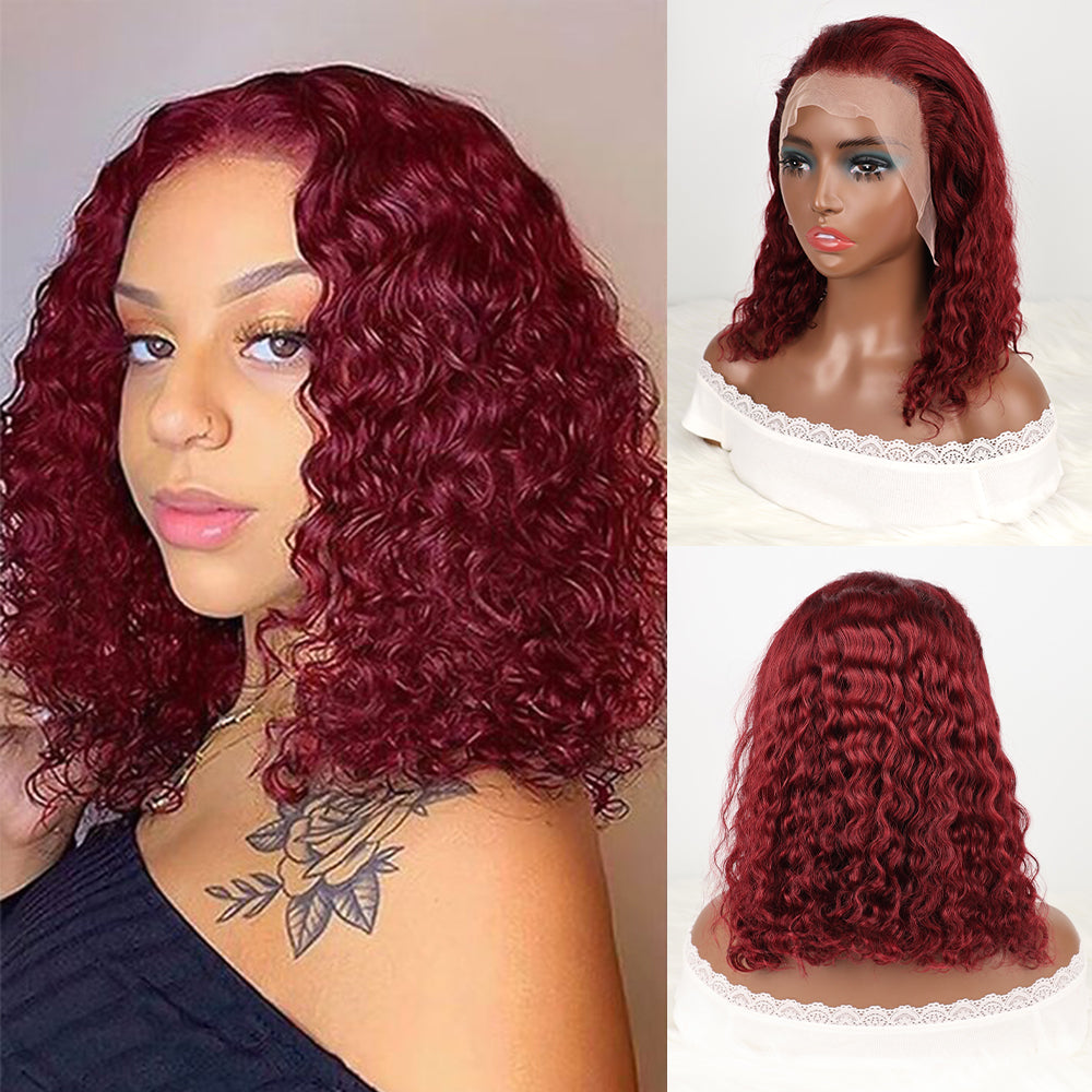 DORIMY 99J Burgundy Short Human Hair Wigs 10-14Inch 180%Density short hair Lace Front 100% Human Hair Wigs 13×4 Curly Lace Frontal Wig For Woman