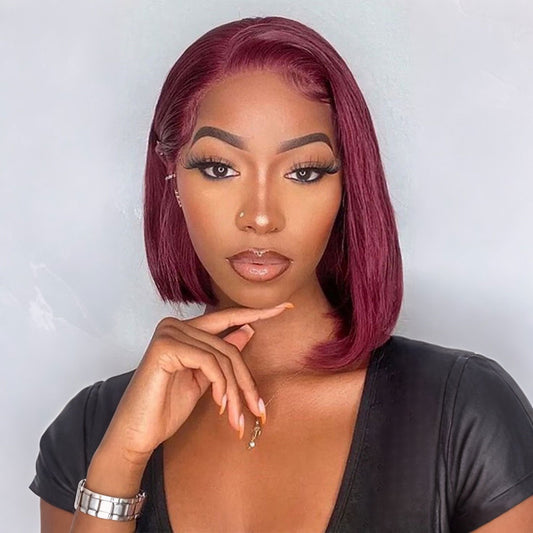 DORIMY 99J Colored Short 180D Straight Brazilian Human Hair Bob Wigs for Women Hightlight Burgundy