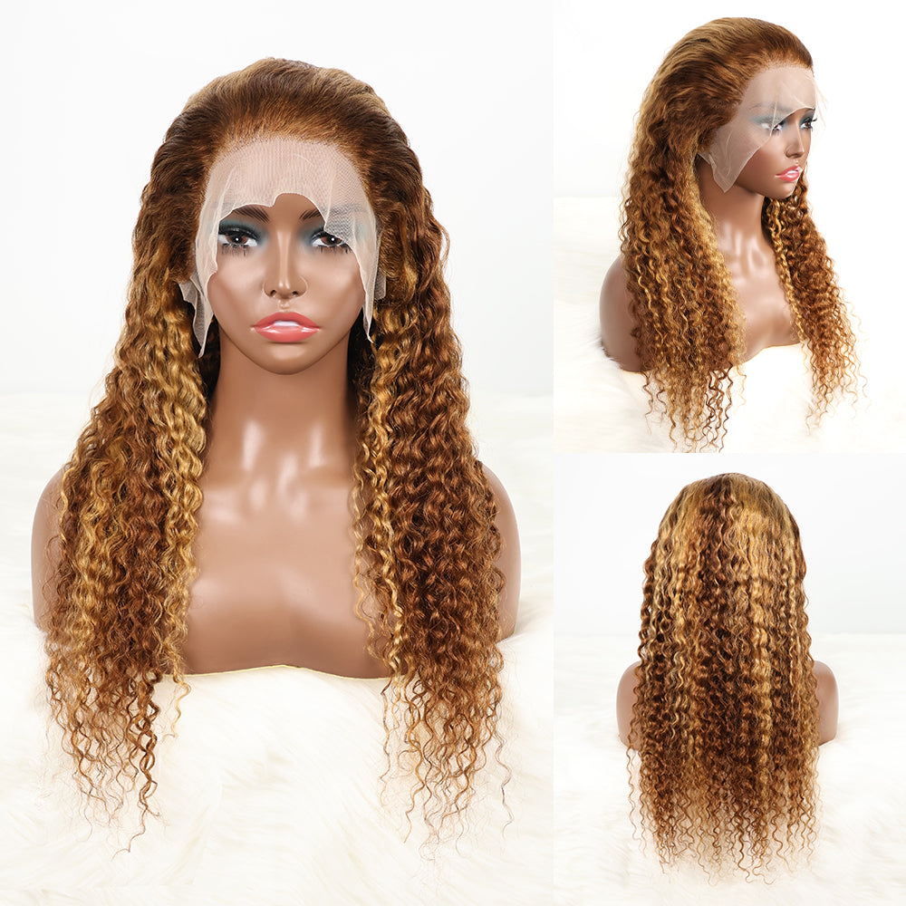 DORIMY 16-34Inch Highlight Curly 13x6 Lace Front Wig 4/27 Brown Colored Deep Wave Transpare Lace Frontal Human Hair Wigs