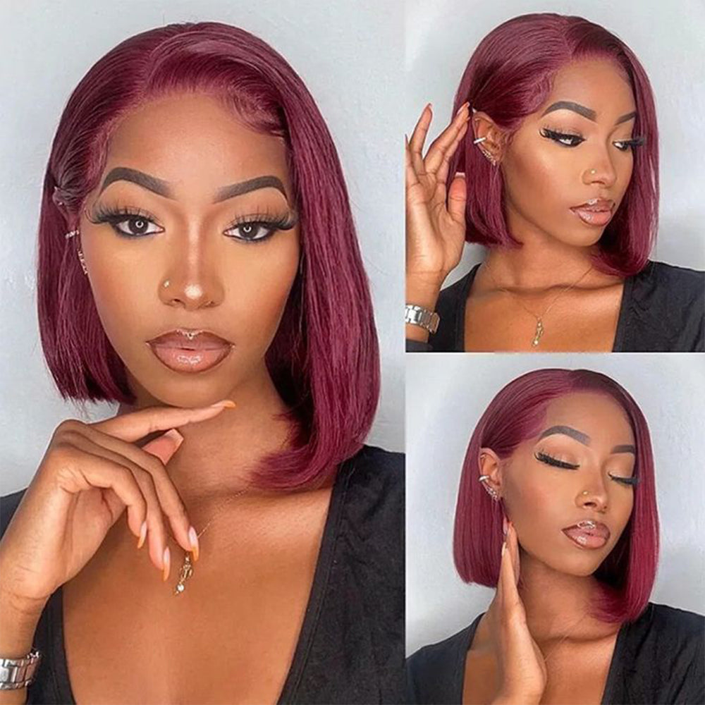 DORIMY 99J Burgundy Short Human Hair Wigs 10-14Inch 180%Density short hair Lace Front 100% Human Hair Wigs 13×4 Smooth Straight Lace Frontal Wig For Woman