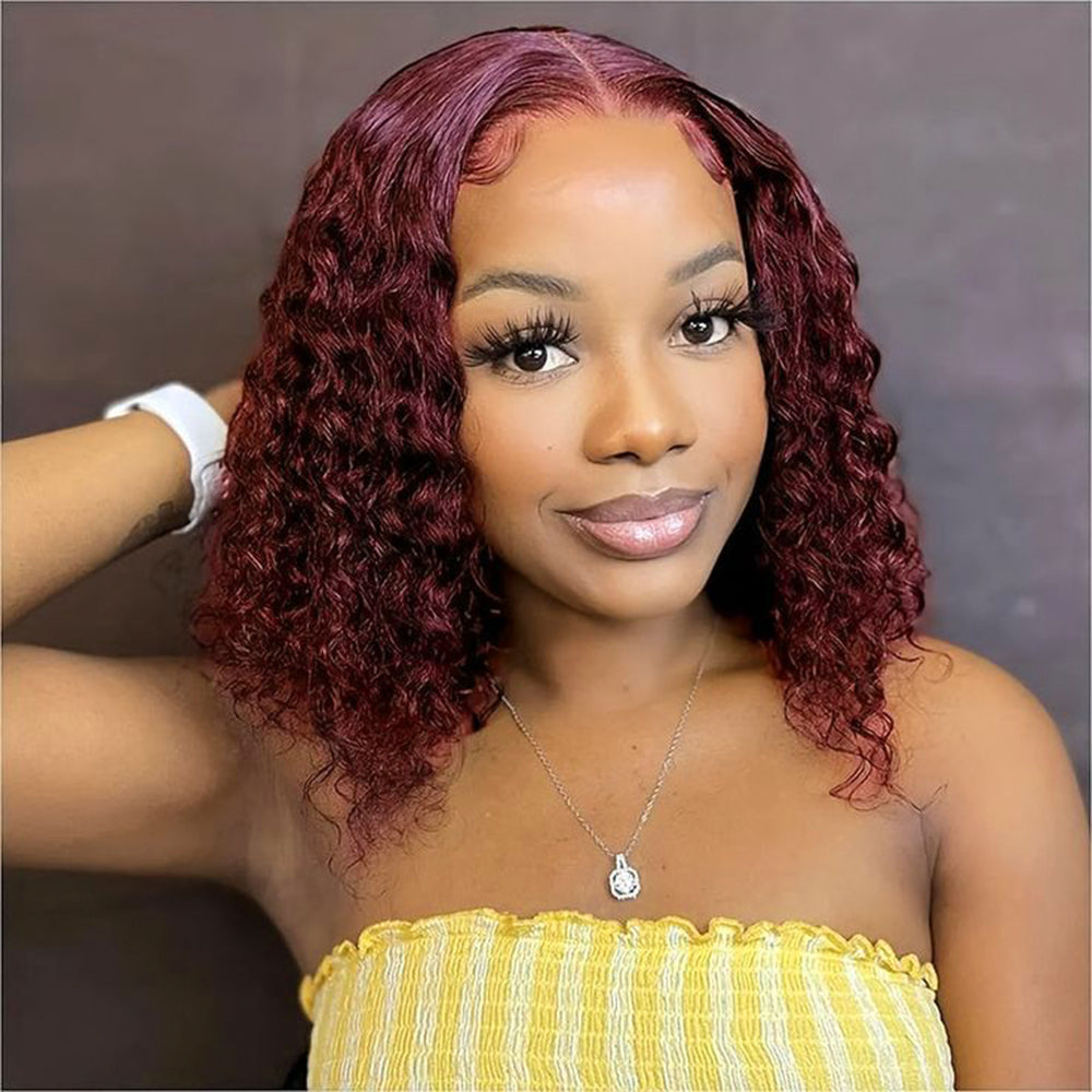 DORIMY 99J Burgundy Short Human Hair Wigs 10-14Inch 180%Density short hair Lace Front 100% Human Hair Wigs 13×4 Curly Lace Frontal Wig For Woman