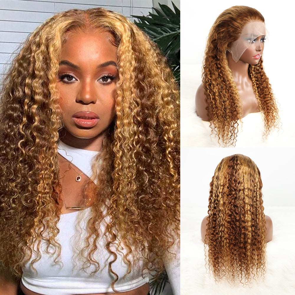 DORIMY 16-34Inch Highlight Curly 13x6 Lace Front Wig 4/27 Brown Colored Deep Wave Transpare Lace Frontal Human Hair Wigs