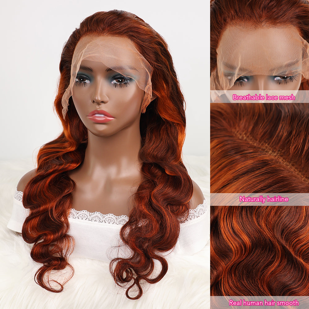 DORIMY 180 Density 4/350 Ginger Deep Wave 16-34Inch 13x6 Lace Front Wig Orange Curly Human Hair Lace Frontal Wigs Wavy Hair
