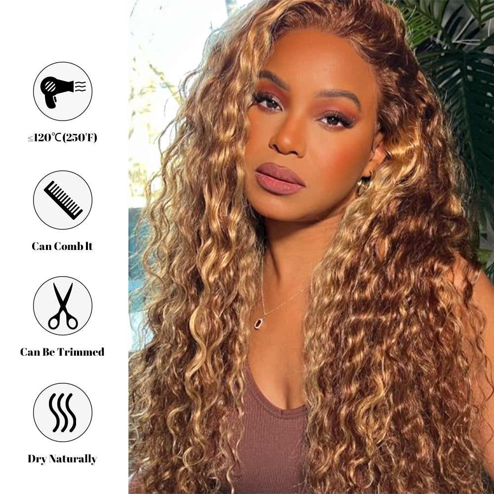 DORIMY 16-34Inch Highlight Curly 13x6 Lace Front Wig 4/27 Brown Colored Deep Wave Transpare Lace Frontal Human Hair Wigs