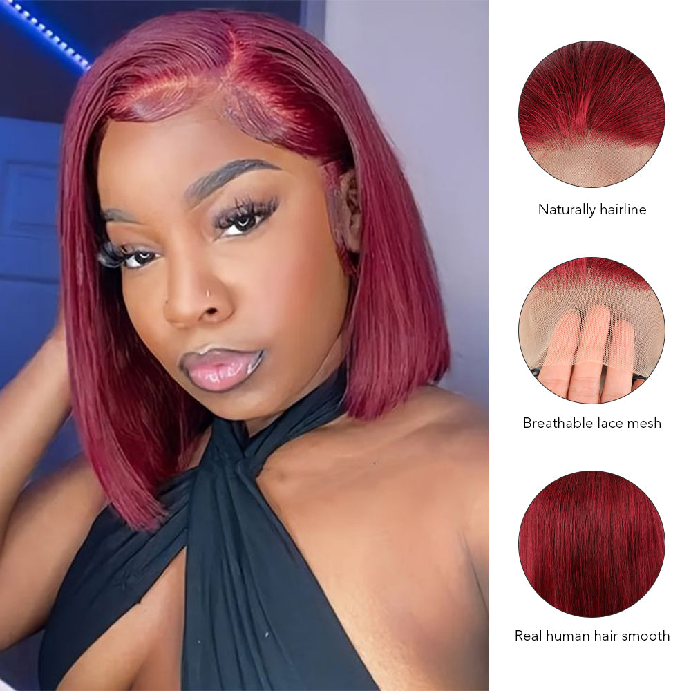 DORIMY 99J Burgundy Short Human Hair Wigs 10-14Inch 180%Density short hair Lace Front 100% Human Hair Wigs 13×4 Smooth Straight Lace Frontal Wig For Woman