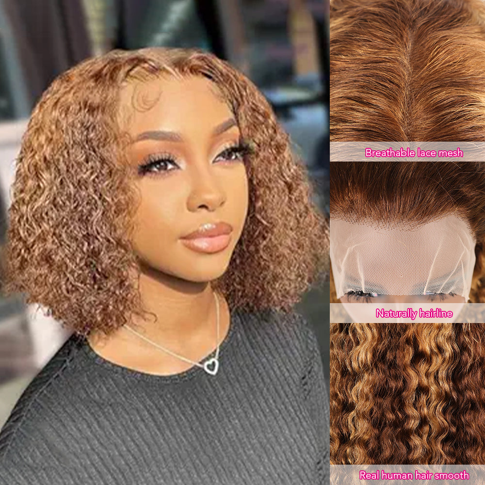 DORIMY Ombre Highlight 4/27 180%Density BOB short hair 10-14Inch Brown Lace Front 100% Human Hair Wigs 13×4 Curly Hair Lace Frontal Wig For Woman