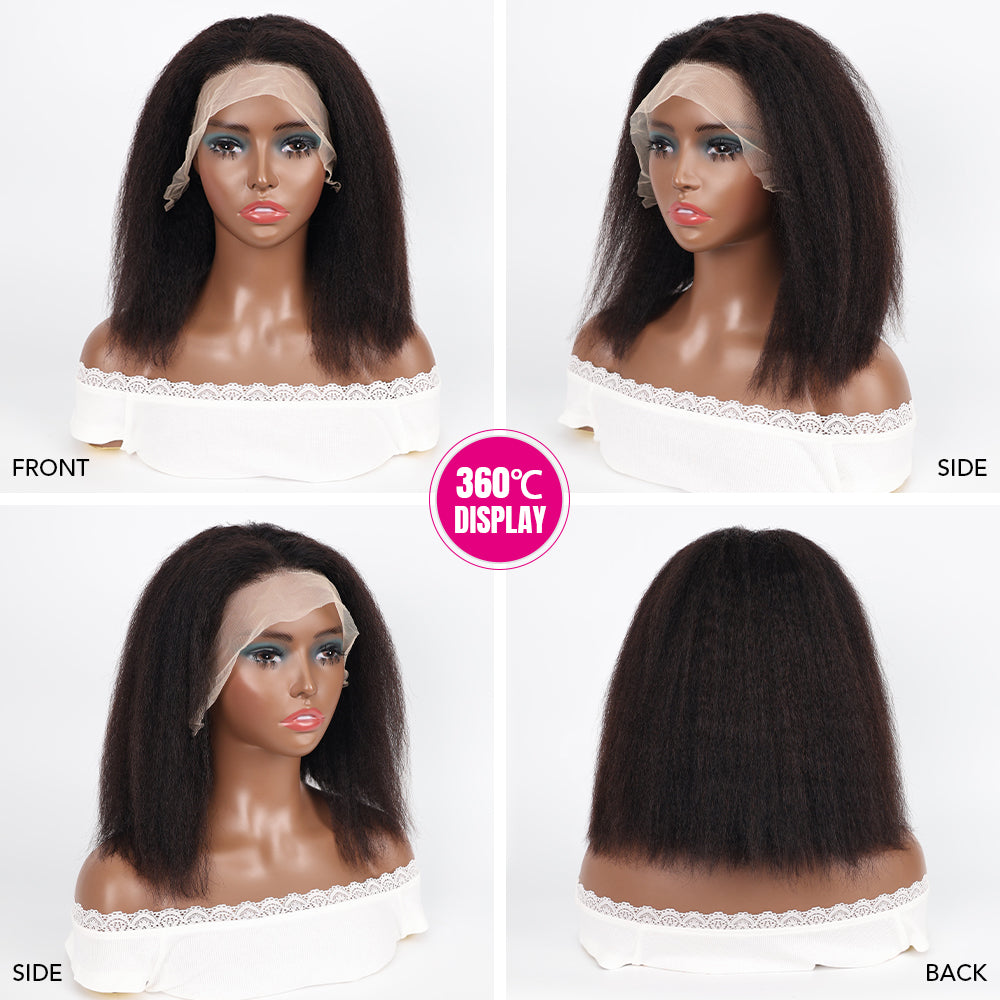 DORIMY 1B Black 13x4 Bob Straight Hair 10-14Inch 180 Density 100% Human Hair Wigs Small Curly hair Lace Frontal Wig For Woman