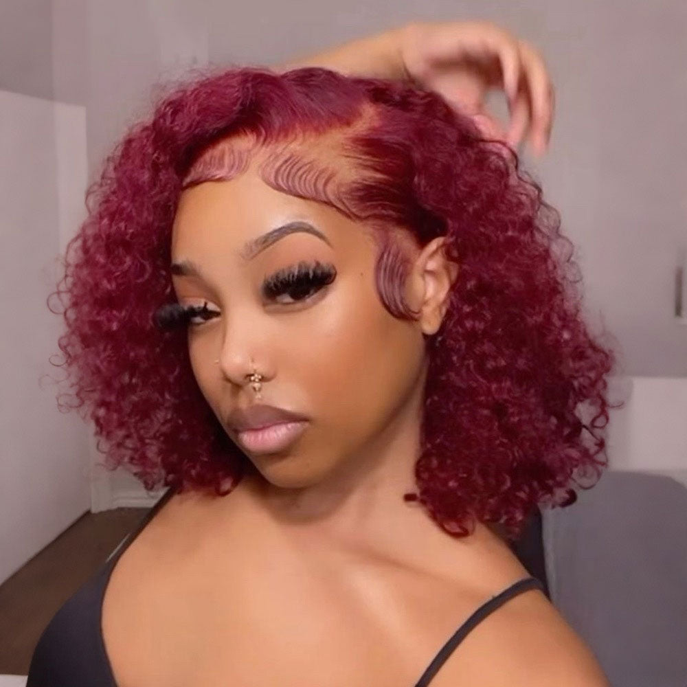 DORIMY 99J Burgundy Short Human Hair Wigs 10-14Inch 180%Density short hair Lace Front 100% Human Hair Wigs 13×4 Curly Lace Frontal Wig For Woman
