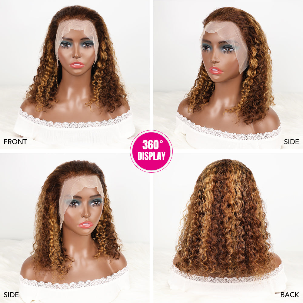 DORIMY Ombre Highlight 4/27 180%Density BOB short hair 10-14Inch Brown Lace Front 100% Human Hair Wigs 13×4 Curly Hair Lace Frontal Wig For Woman