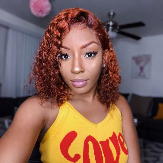 DORIMY Ombre Highlight 4/350 180%Density BOB short hair 10-14Inch Ginger-Orange Lace Front 100% Human Hair Wigs 13×4 Curly Hair Lace Frontal Wig For Woman