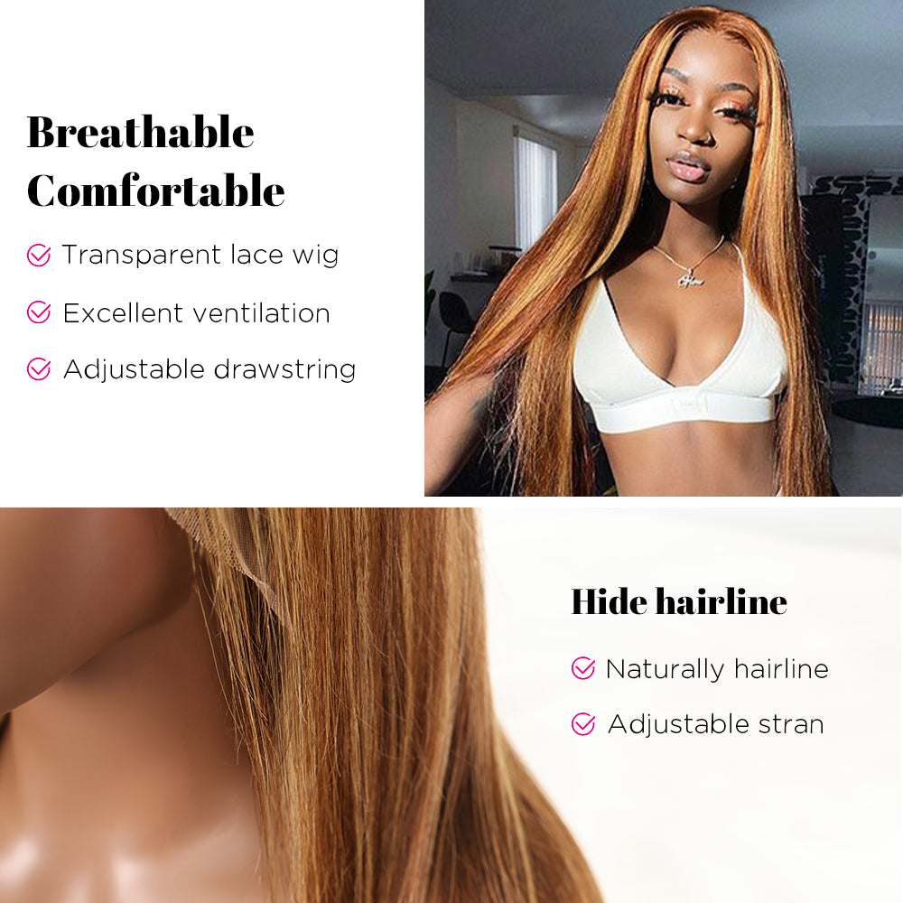 DORIMY Highlight Wig 4/27 180%Density Long hair 16-34Inch Brown Lace Front 100% Human Hair Wigs 13×6 Straight hair Lace Frontal Wig For Woman