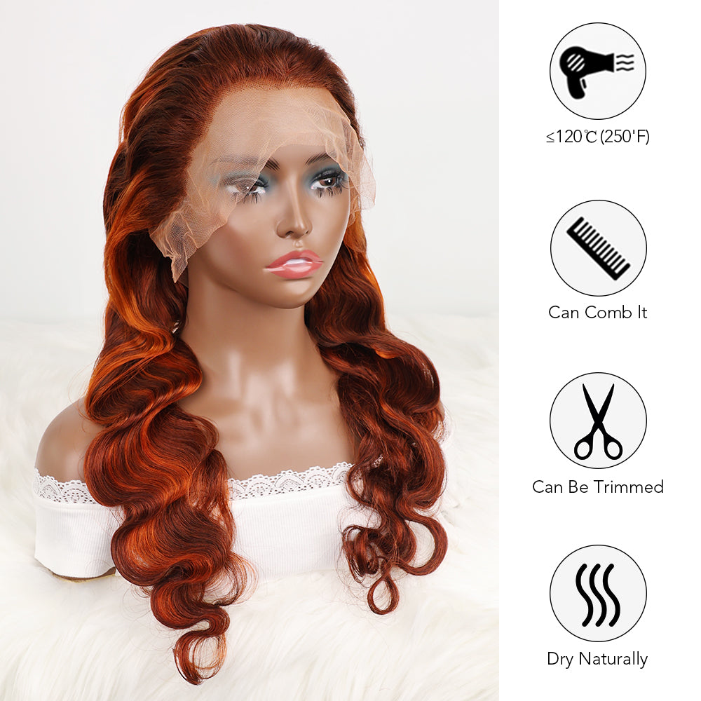DORIMY 180 Density 4/350 Ginger Deep Wave 16-34Inch 13x6 Lace Front Wig Orange Curly Human Hair Lace Frontal Wigs Wavy Hair