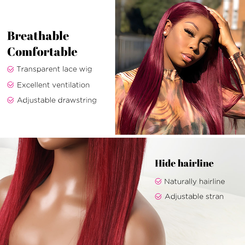 DORIMY 99j 13x6 Transparent Lace Front Wigs Human Hair Pre Plucked with Baby Hair 180 Density 16-34Inch Smooth Straight Lace Frontal Wig For Woman