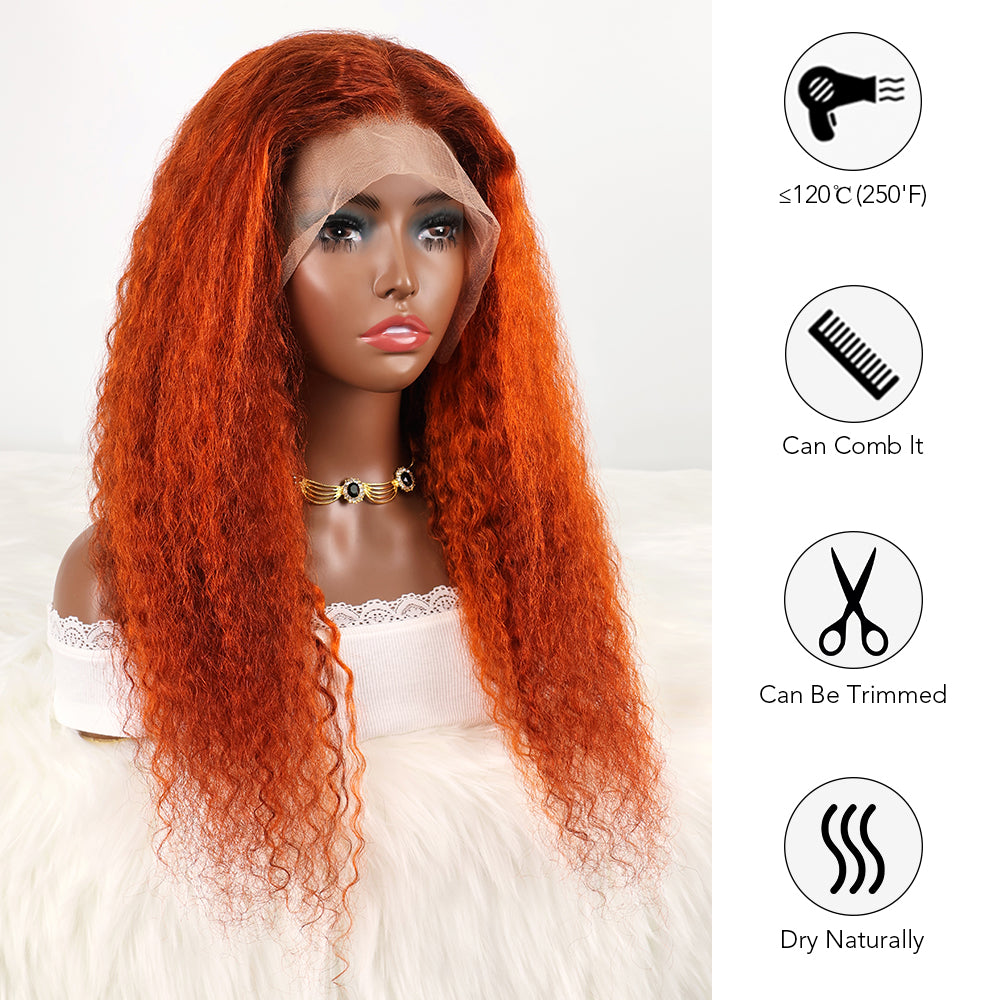 DORIMY 180 Density 350 Ginger Deep Wave 30 32 34 Inch 13x6 Lace Front Wig Orange Curly Human Hair Lace Frontal Wigs Water Wave