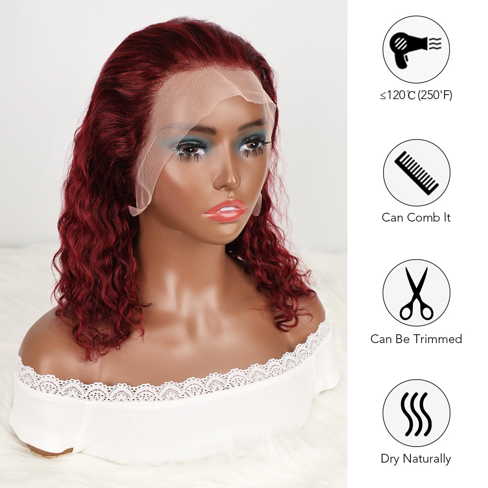 DORIMY 99J Burgundy Short Human Hair Wigs 10-14Inch 180%Density short hair Lace Front 100% Human Hair Wigs 13×4 Curly Lace Frontal Wig For Woman